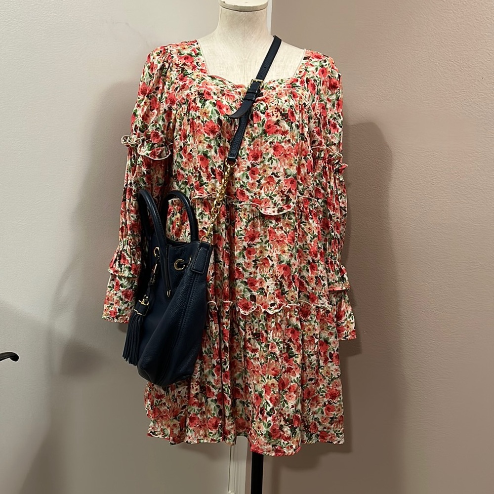 MOON River Puff sleeve Tiered Mini Babydoll Square Neck Dress Floral Bohemian